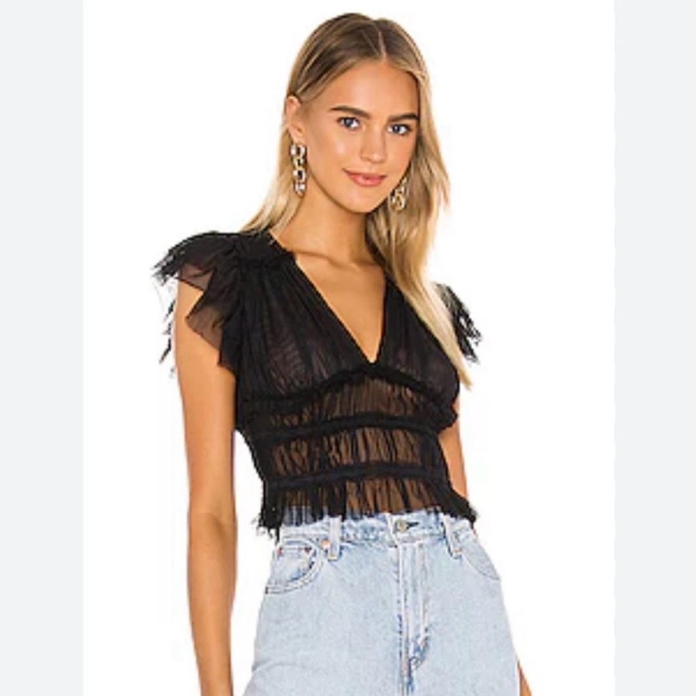 Free People Black Sheer Ruffle V-Neck Crop Top